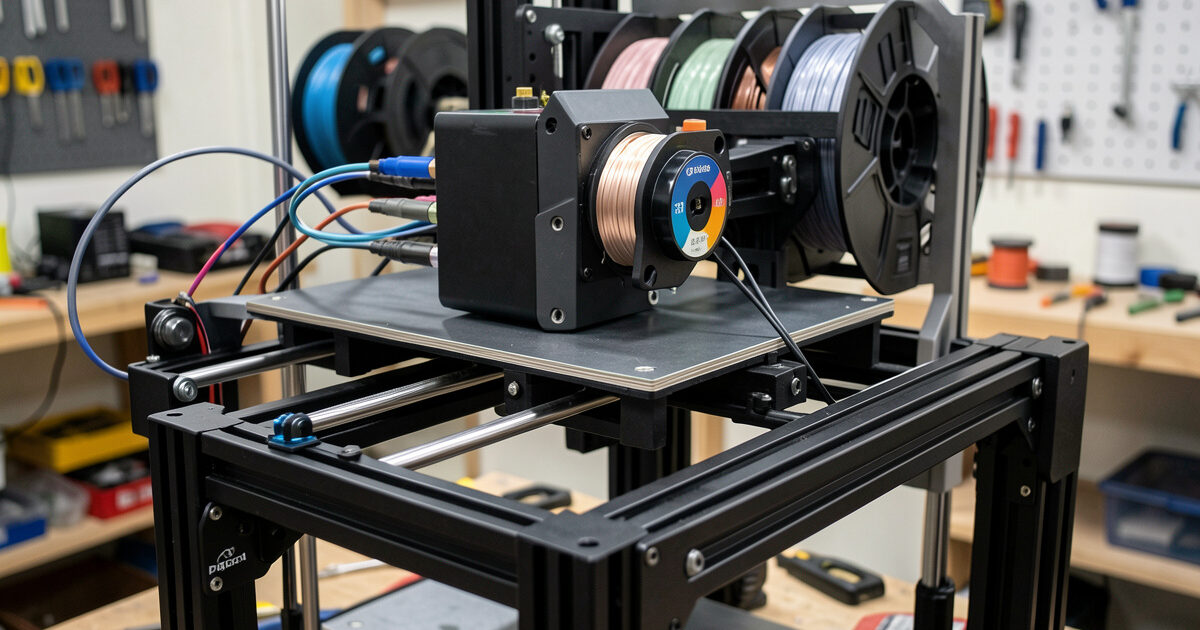 Multi-material MMU unit mounted on a Prusa-style 3D printer with five filament spools
