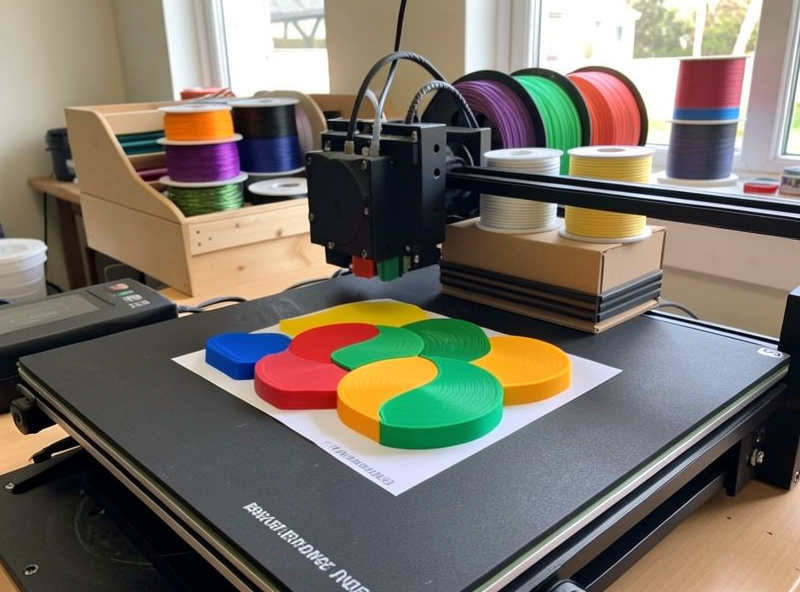 A multi-color five-filament print on a Prusa bed with the MMU buffer and spools behind it