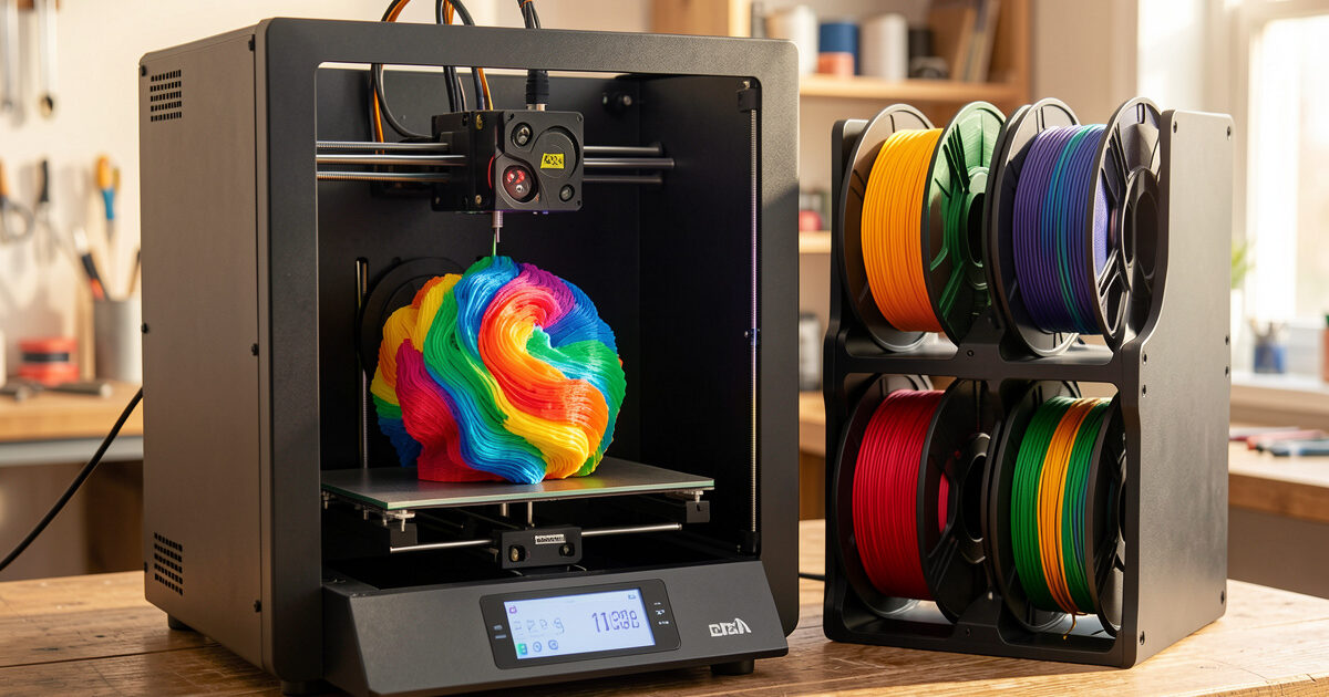Desktop FDM 3D printer producing a multi-color object with a four-spool filament changer