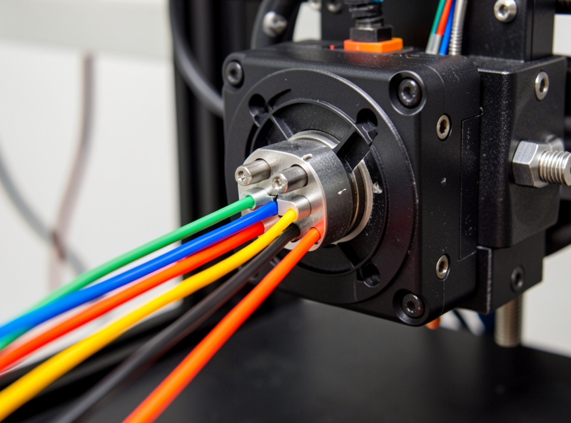 An automated multi-material unit feeding four filament spools into a single 3D printer hotend