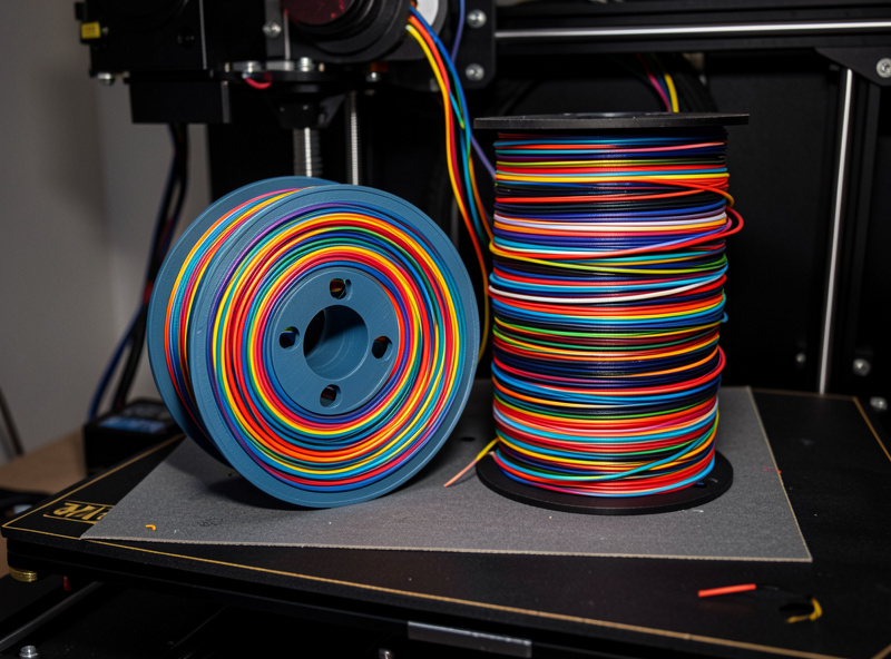 A multi-color 3D print next to its purge tower showing the filament wasted during color changes