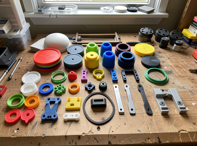 A bench of functional multi-color and multi-material 3D printed parts including lids, mounts, and brackets