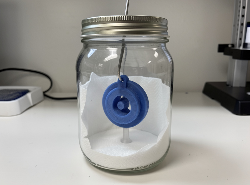 An ABS 3D print suspended inside a sealed glass jar lined with acetone-dampened paper towel for cold vapor smoothing