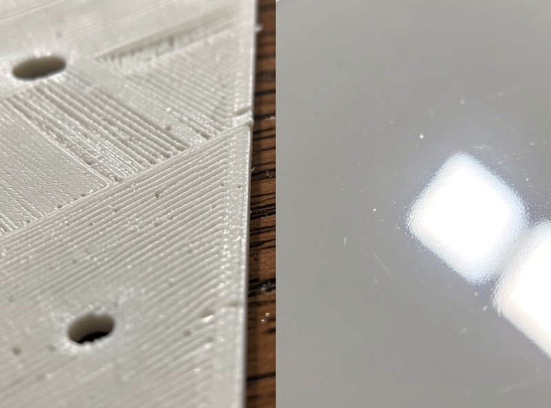 Split comparison of an ABS print, rough layer lines on one half and glossy smooth on the other after acetone vapor