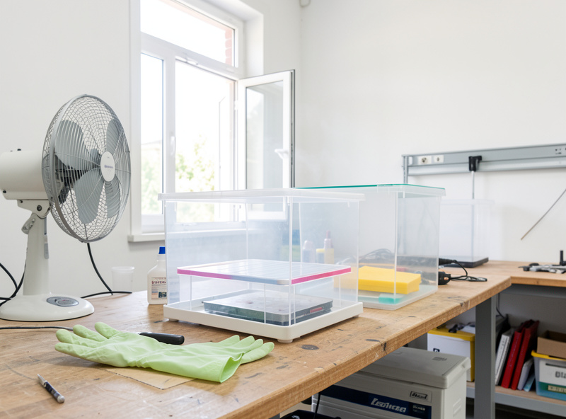 A well-ventilated workshop area with a fan, open window, sealed container and gloves for safe acetone vapor smoothing