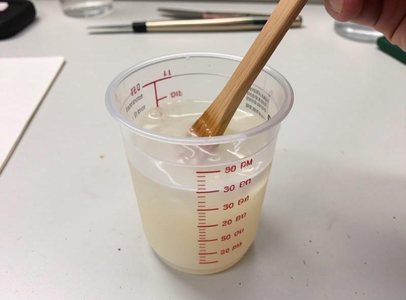 Two-part epoxy resin being measured and mixed in a graduated cup with a stir stick