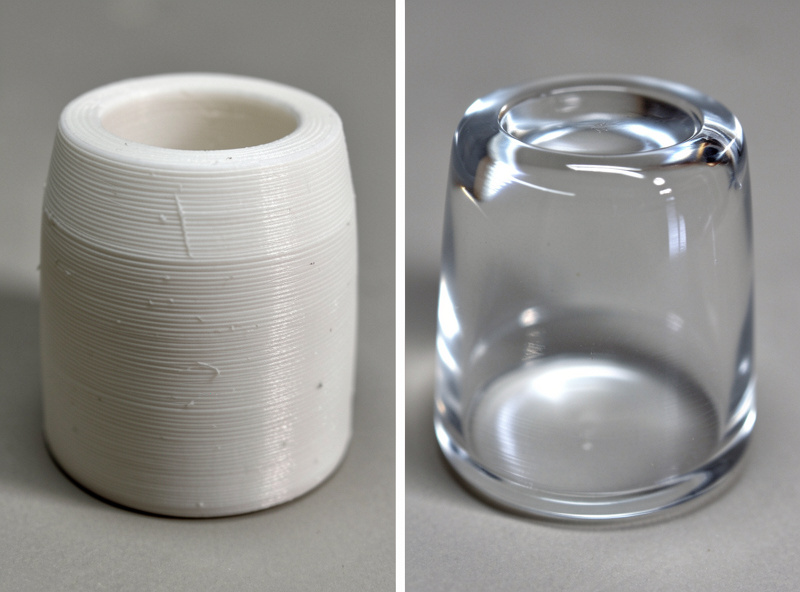 Two 3D printed parts compared, one with raw layer lines and one with a glossy epoxy coat that filled the lines