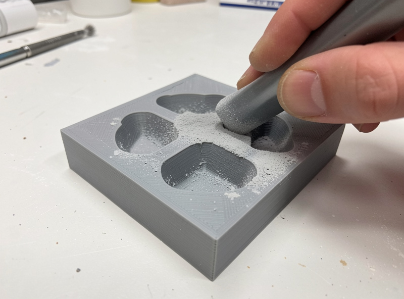 A grey-primed 3D print being sanded back with a block, primer coming off the high spots and staying in the valleys
