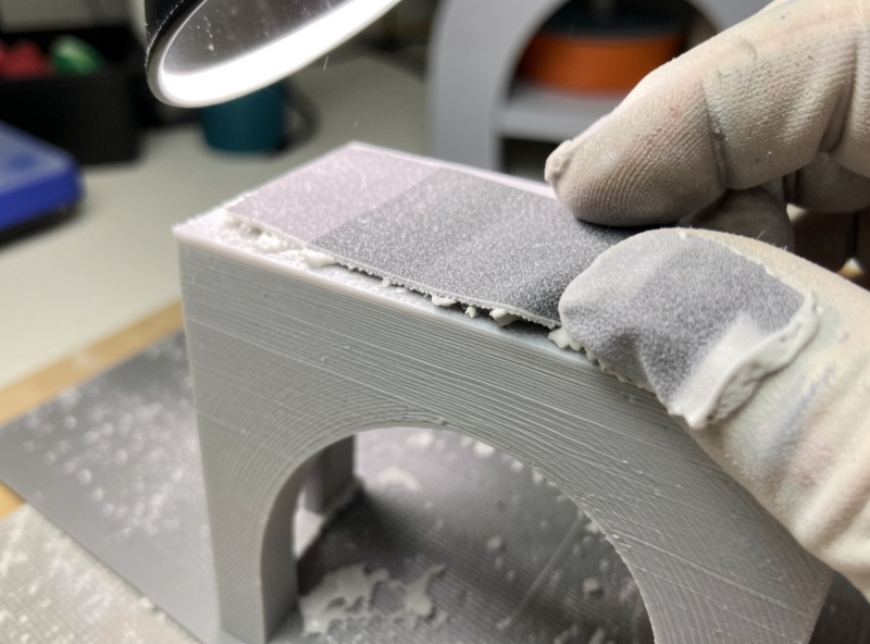 Macro of a 3D printed part being wet-sanded, showing smoothed surface next to remaining layer lines