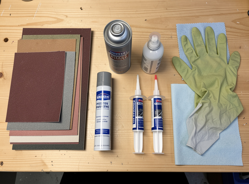 Flat-lay of 3D print finishing supplies including sandpaper, filler primer, spray paint, epoxy, and clear coat