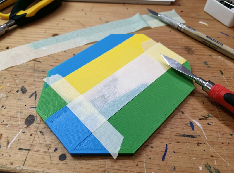 Masking tape being peeled from a two-color 3D printed part revealing a crisp paint line