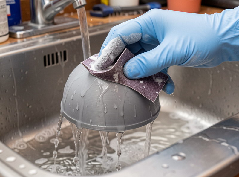 Gloved hand wet-sanding a grey 3D printed part under running water