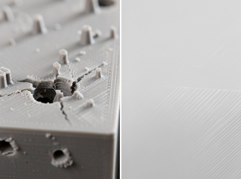 Comparison of two 3D printed surfaces, one with torn support scars and one with cleanly removed supports