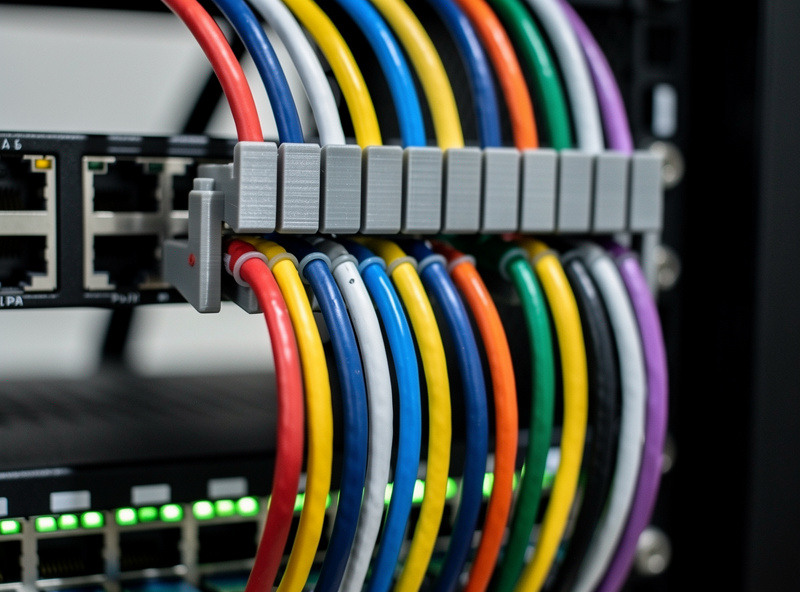 3D-printed PETG cable combs organizing Ethernet cables in a network rack, neat parallel cable bundles, homelab cable management