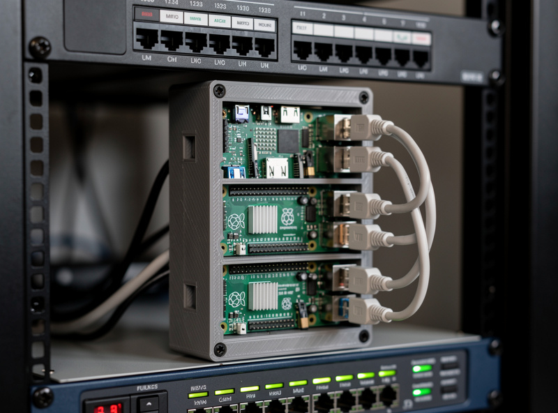 3D-printed Raspberry Pi rack mount with four Pi boards stacked vertically, Ethernet and USB cables connected, installed in a homelab rack