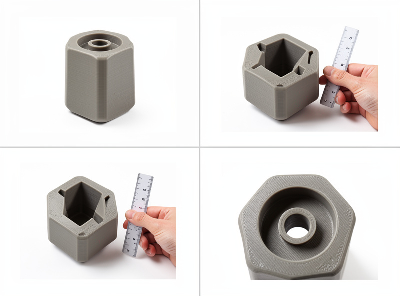 A grid of hero, in-use, scale and detail product photos of one 3D-printed item