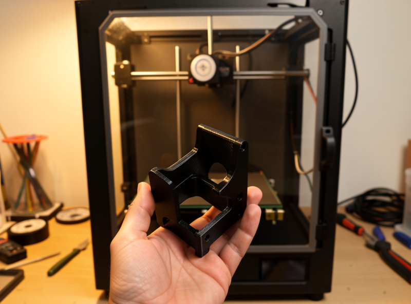 A glossy black polycarbonate 3D printed bracket held in front of an enclosed printer