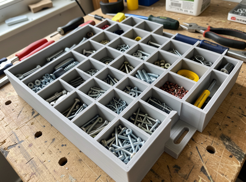 3D-printed modular Gridfinity storage bins organizing hardware and tools on a workshop bench
