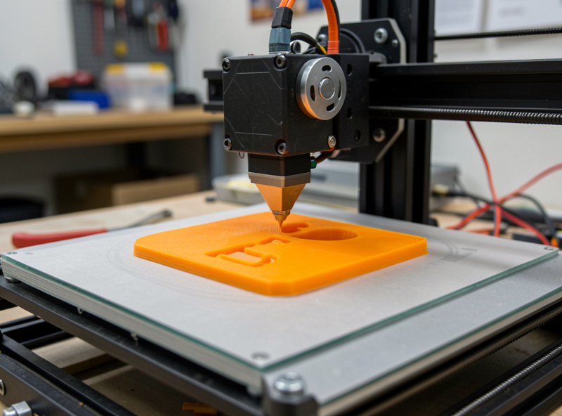 FDM 3D printer mid-print laying down a functional part on the print bed
