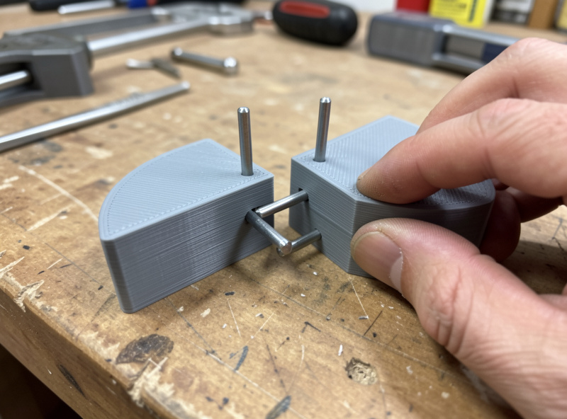 Two 3D printed sections being aligned with dowel pins before bonding
