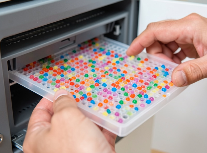 A desiccant tray with indicating beads being slid into a filament storage unit