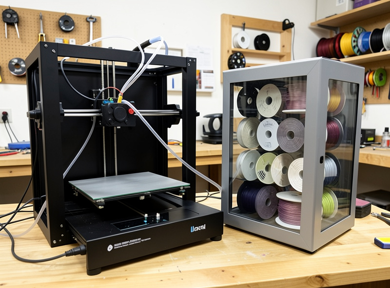 A 3D printer with an external heated dryer feeding it next to an enclosed spool unit