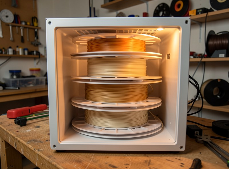 Several filament spools drying inside an opened-out stacked dehydrator