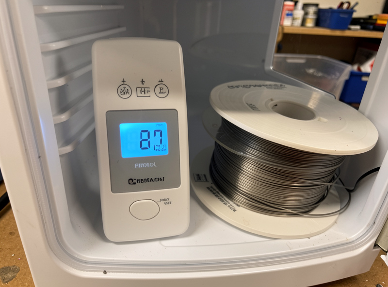 A digital hygrometer inside a dehydrator showing a low humidity reading next to a spool