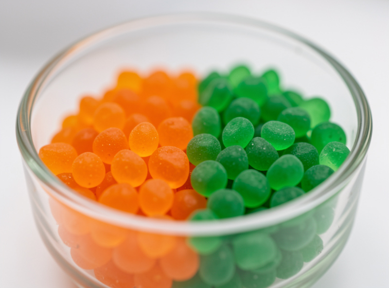 Color-changing indicating silica gel beads, some orange and some saturated green