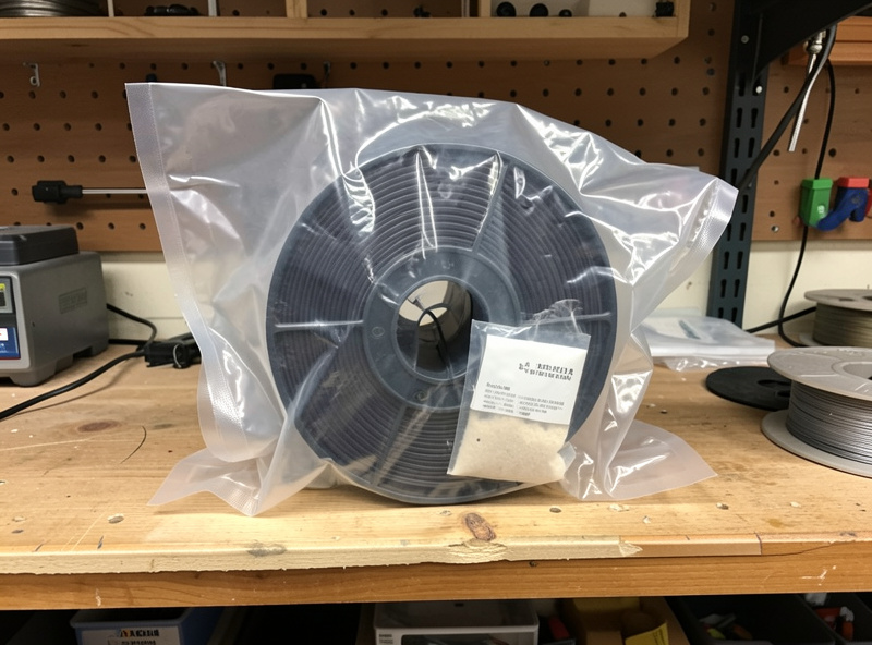 A vacuum sealed bag collapsed around a filament spool with desiccant inside