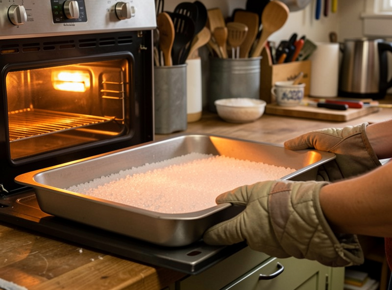 A tray of silica gel beads recharging in a low oven