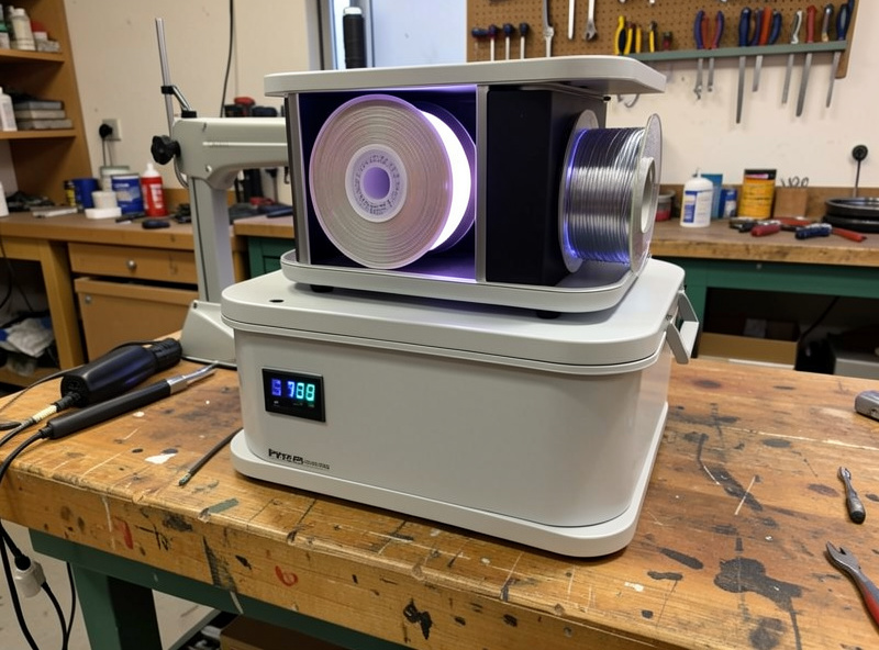 Two filament dryers of different sizes on a workbench with a spool inside one
