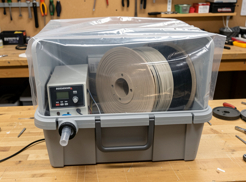 A DIY filament dry box built from a sealed tote with a temperature controller