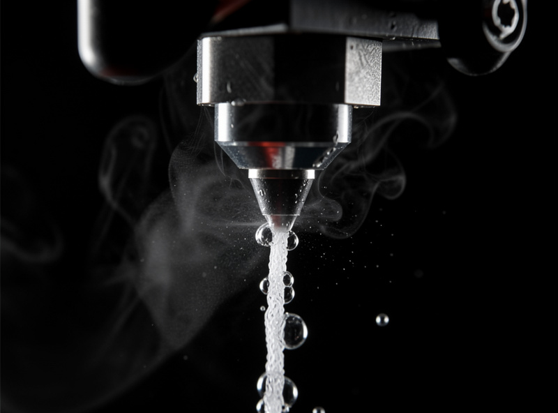 Close-up of a 3D printer nozzle showing steam and bubbling from wet filament
