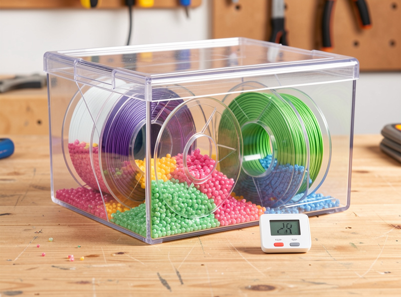 Clear airtight storage box with filament spools, desiccant beads, and a digital hygrometer