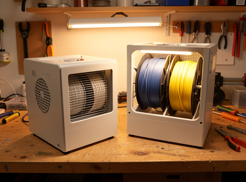 A food dehydrator and a dedicated filament dryer side by side on a workbench