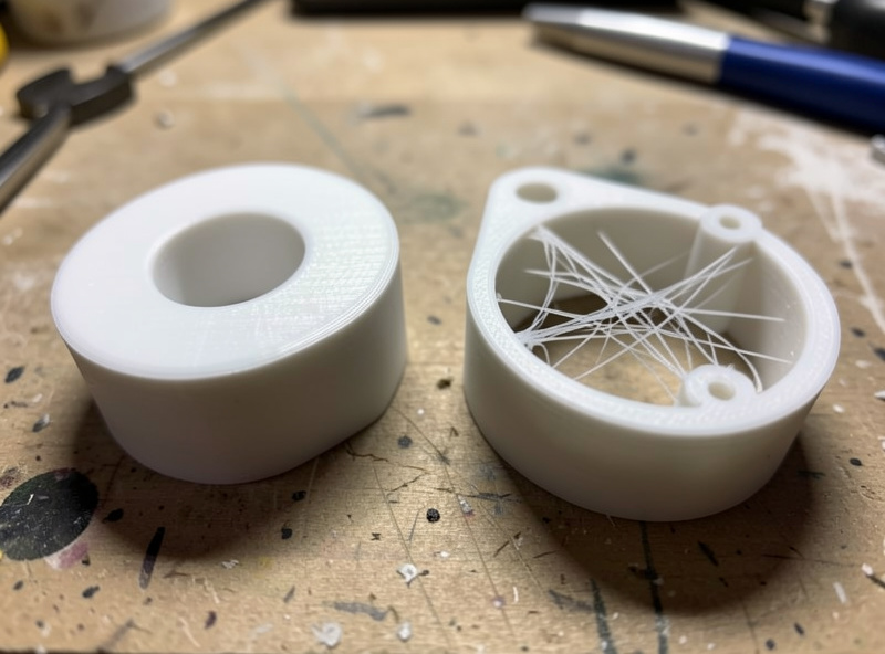 Two PLA test prints side by side, one clean and one with stringing