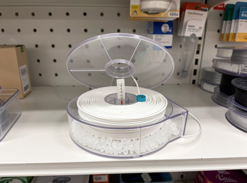 An open PLA spool stored in a sealed container with desiccant and a hygrometer