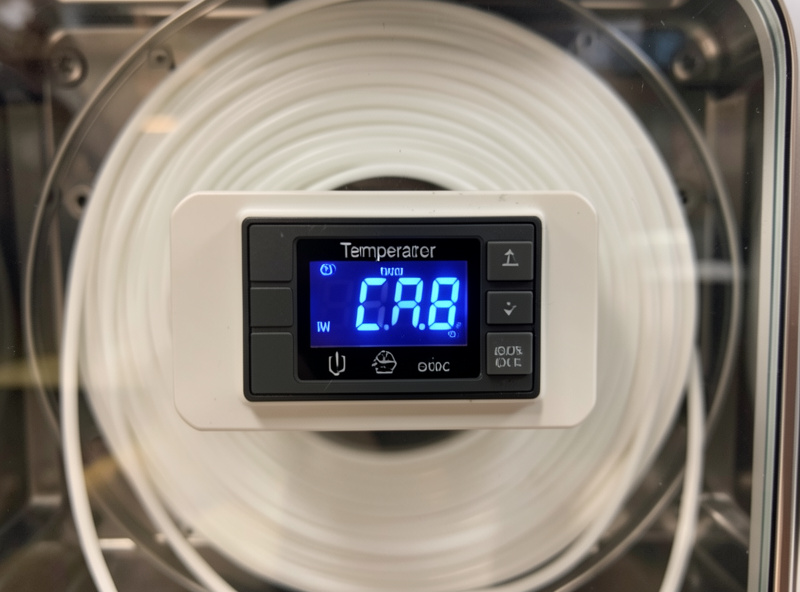 Close-up of a filament dryer temperature display set to a low value