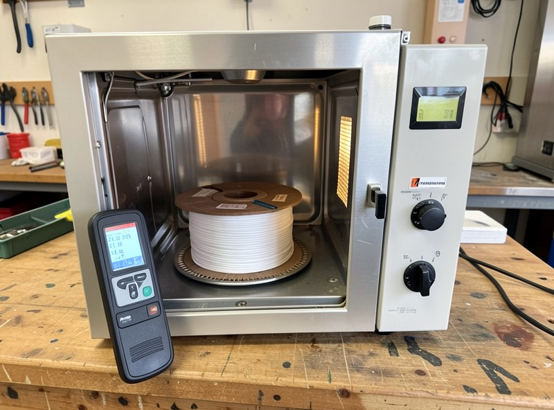 An independent probe thermometer inside a filament dryer chamber verifying temperature
