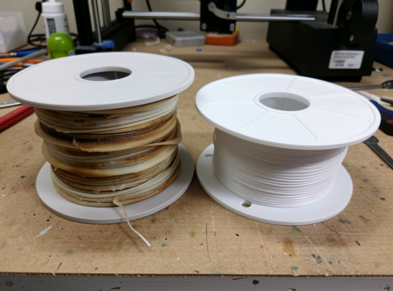 A deformed fused filament spool next to a clean intact one