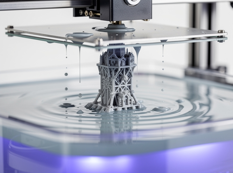 MSLA resin 3D printer mid-print with the build plate lifting a detailed model out of the resin vat