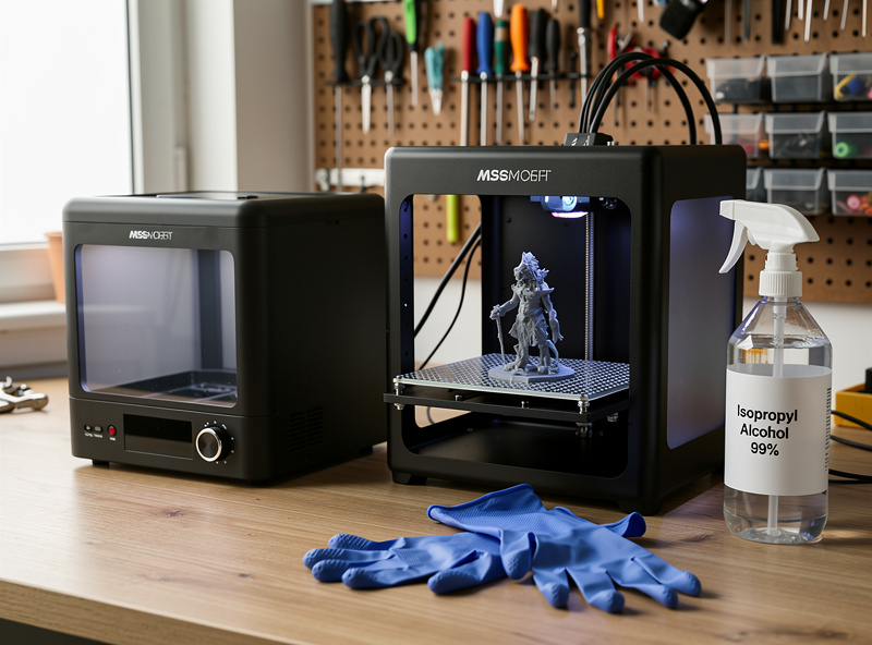 Wash and cure station beside an MSLA printer with a freshly printed model on the build plate
