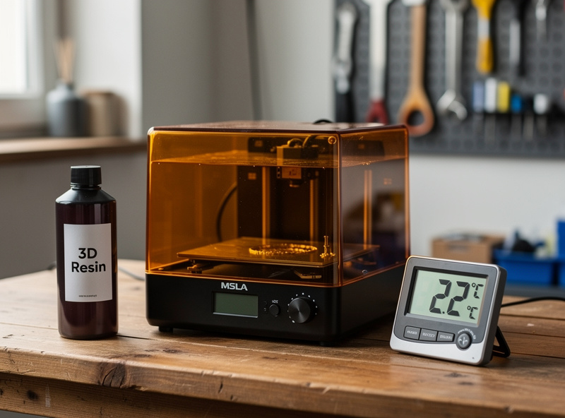 A resin 3D printer in a workshop with a thermometer showing room temperature beside it