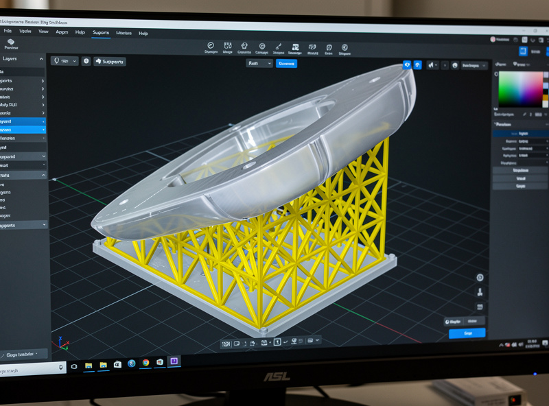 A 3D model tilted at an angle in resin slicer software with supports generated underneath