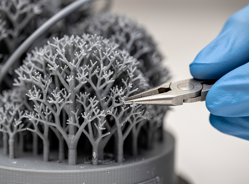 A resin print with support structures attached, showing contact points before removal