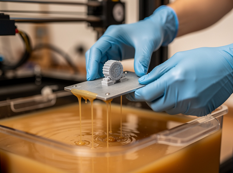 A person wearing blue nitrile gloves handling a resin print over the vat of an MSLA 3D printer