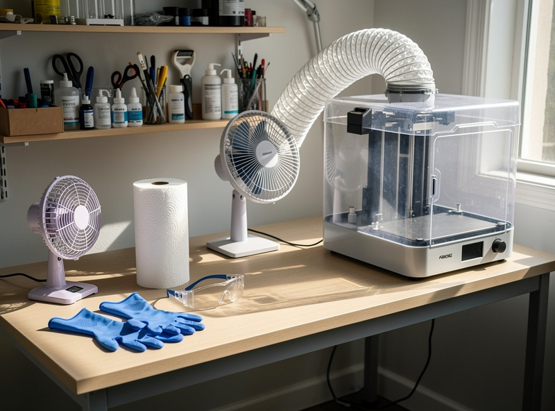 A resin 3D printing workspace set up with gloves, mask, paper towels and a ventilation fan beside the printer