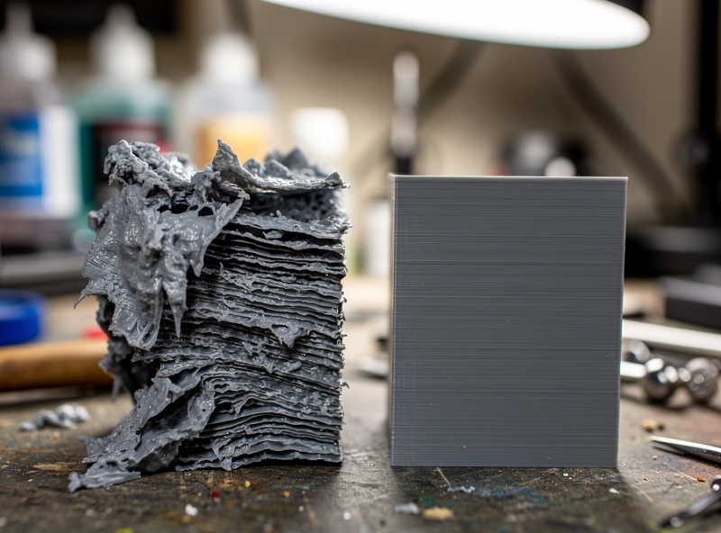 A failed resin print with delaminated layers next to a successful print on a workbench