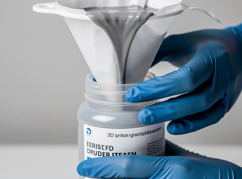 Resin being strained through a filter funnel back into its bottle after a failed print